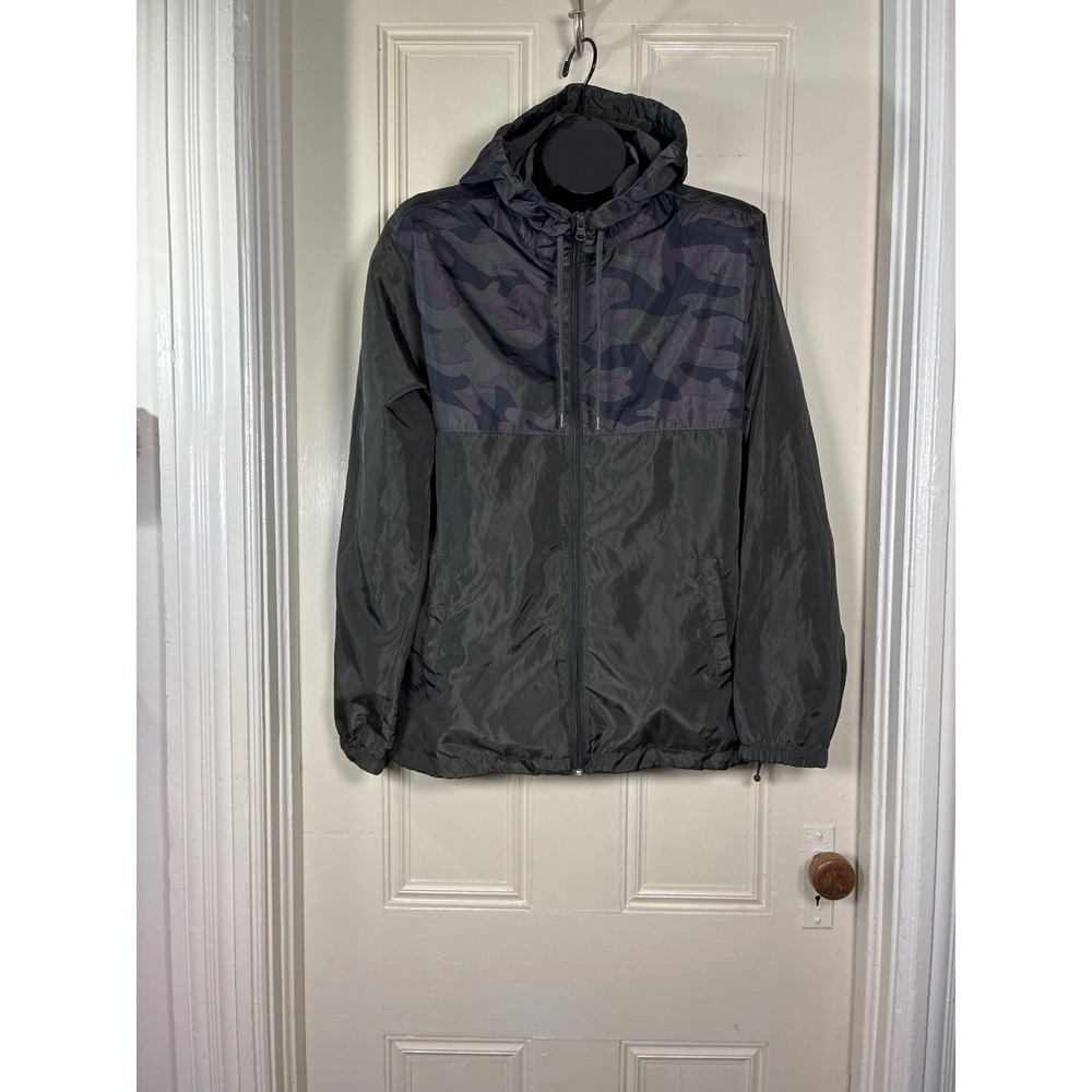Beautiful Giant Windbreaker L Camo Olive Green drawstring hem 2 pockets outdoors
